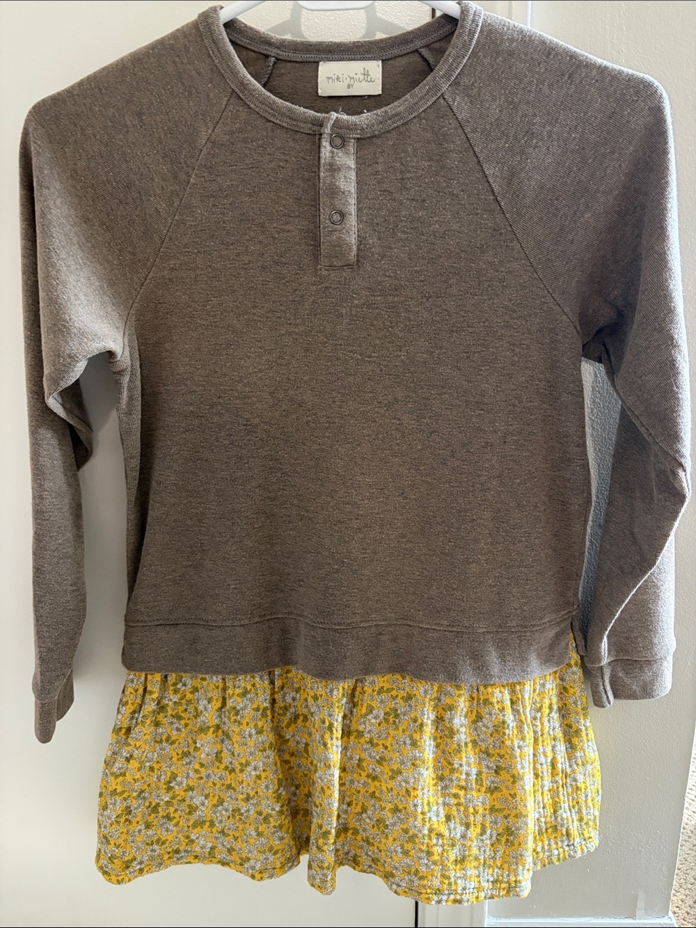Miki Miette Brown Henley Sweatshirt Dress with Yellow Floral attached skirt